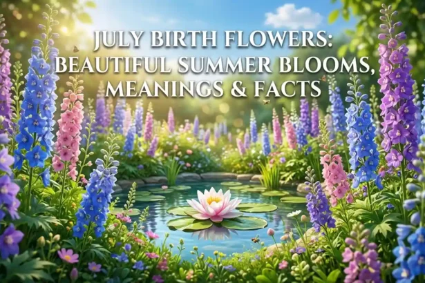 July birth flowers featuring colorful larkspur and water lily blooms