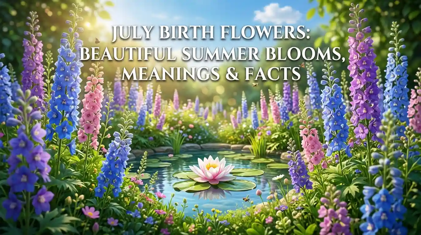 July birth flowers featuring colorful larkspur and water lily blooms