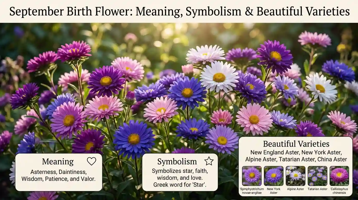 September birth flowers featuring colorful aster and morning glory blooms