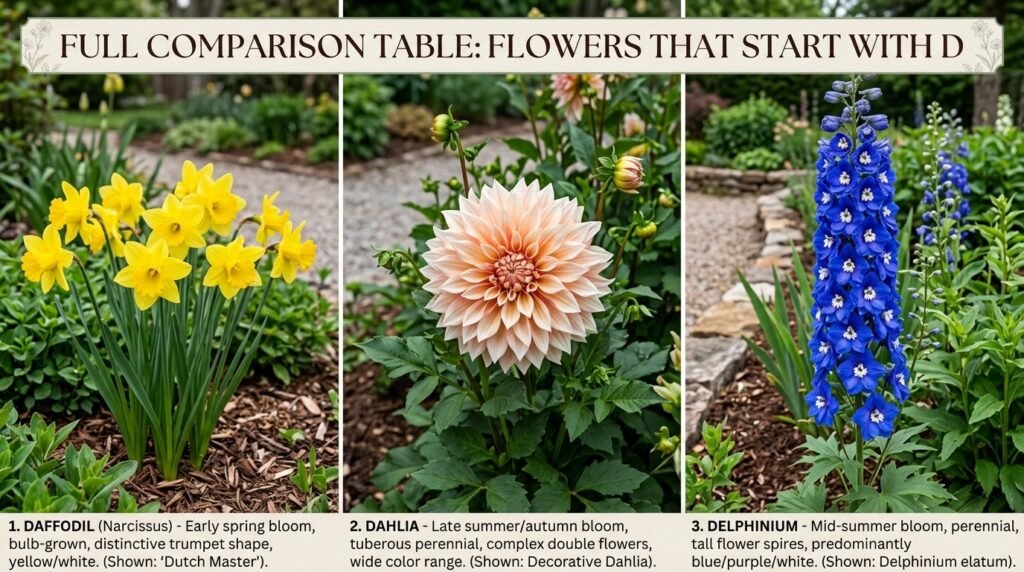 Full Comparison Table: Flowers That Start With D
