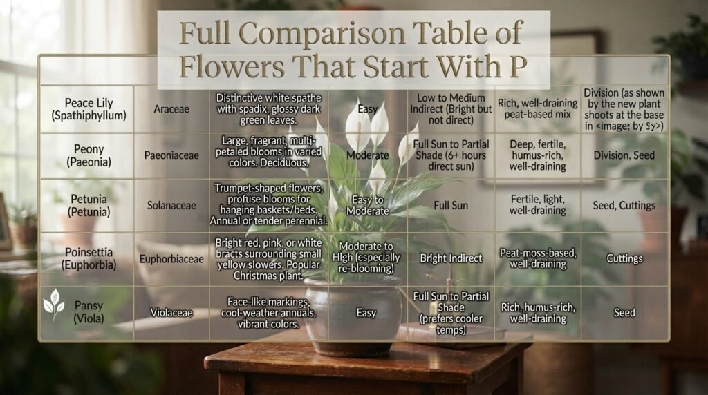 Full Comparison Table of Flowers That Start With P