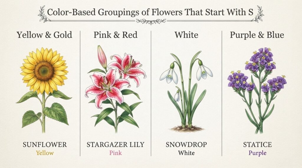 Color-Based Groupings of Flowers That Start With S