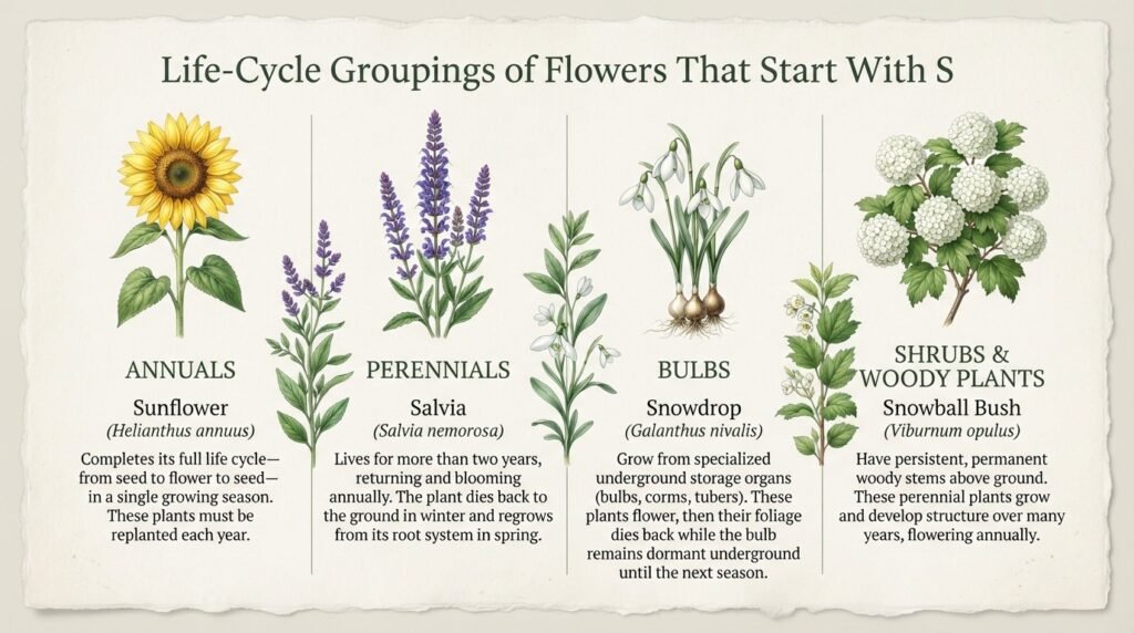 Life-Cycle Groupings of Flowers That Start With S