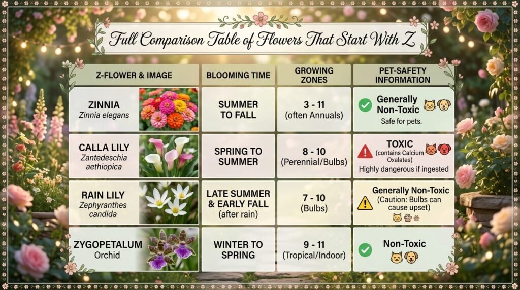 Full Comparison Table of Flowers That Start With Z