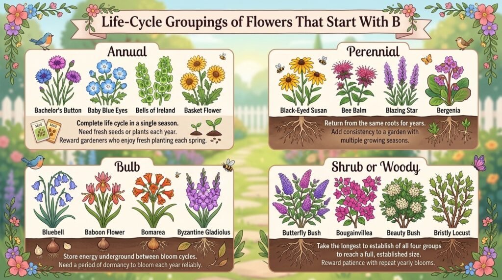 Life-Cycle Groupings of Flowers That Start With B