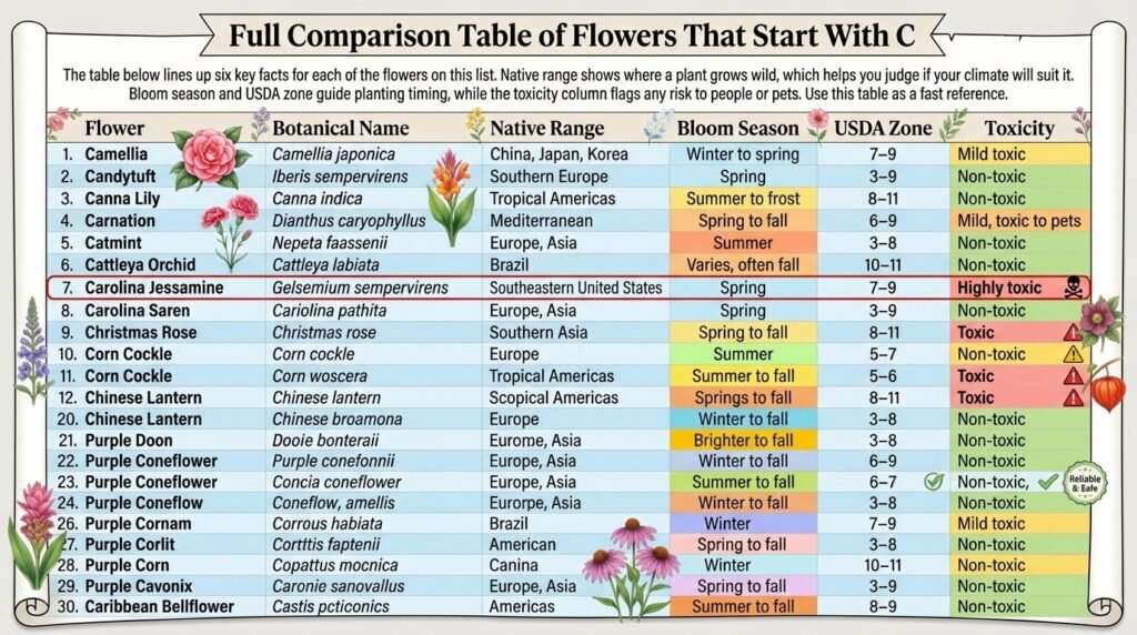 Full Comparison Table of Flowers That Start With C