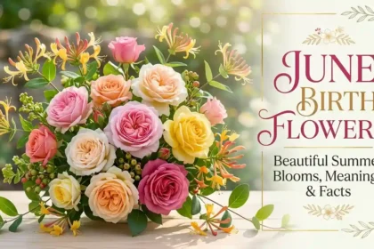 June birth flowers rose and honeysuckle blooming in a beautiful summer garden