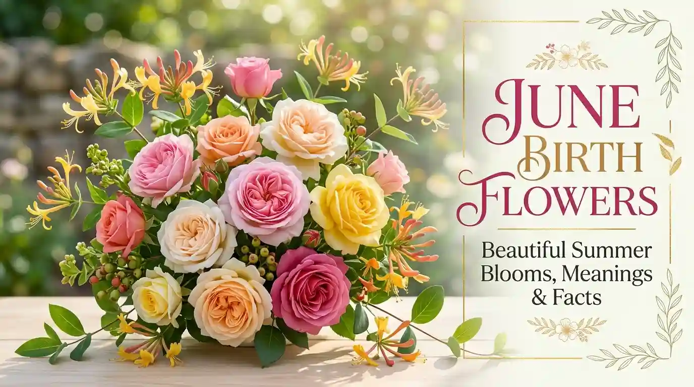 June birth flowers rose and honeysuckle blooming in a beautiful summer garden
